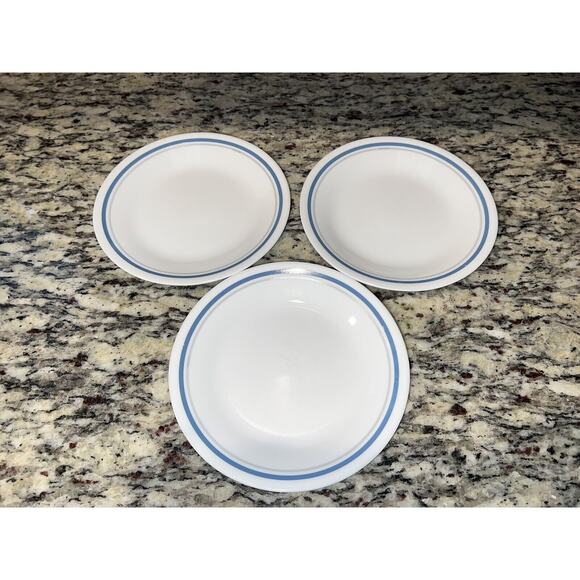 Corelle Indigo Bread Dessert Plates Vtg Blue Gray Stripe Set of 3 - Picture 1 of 7